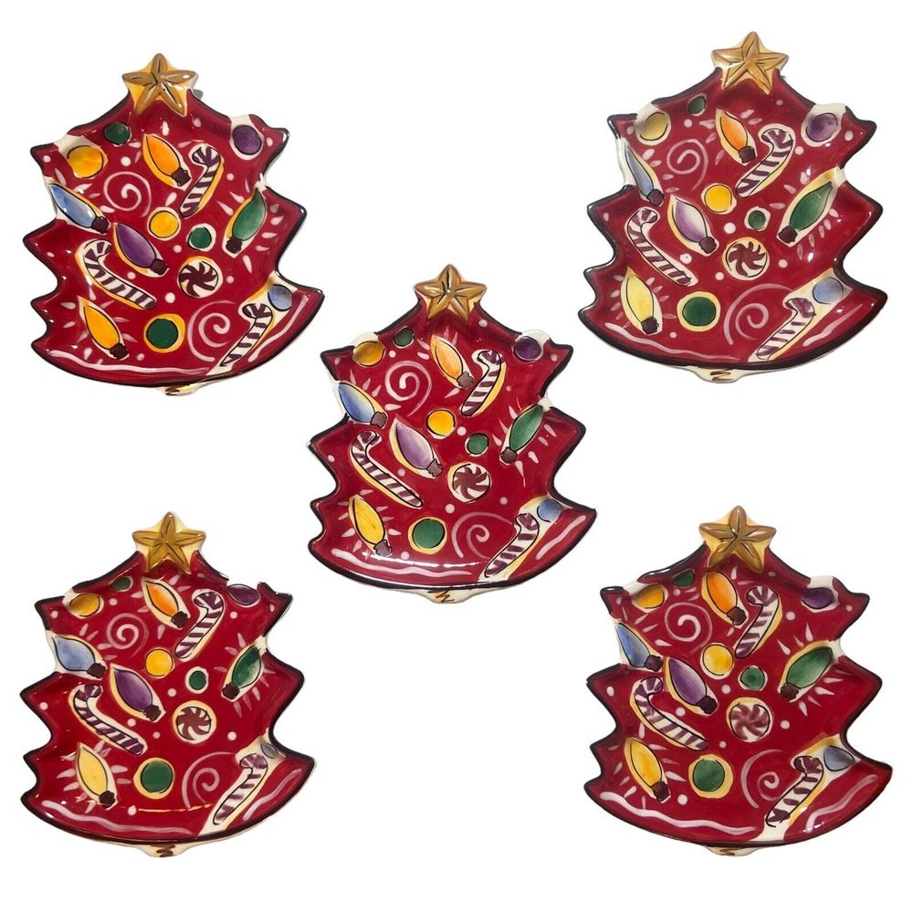 Clay Art Navidad Christmas Tree Snack Bowls 5 Plates Hand Painted StoneLite 2003